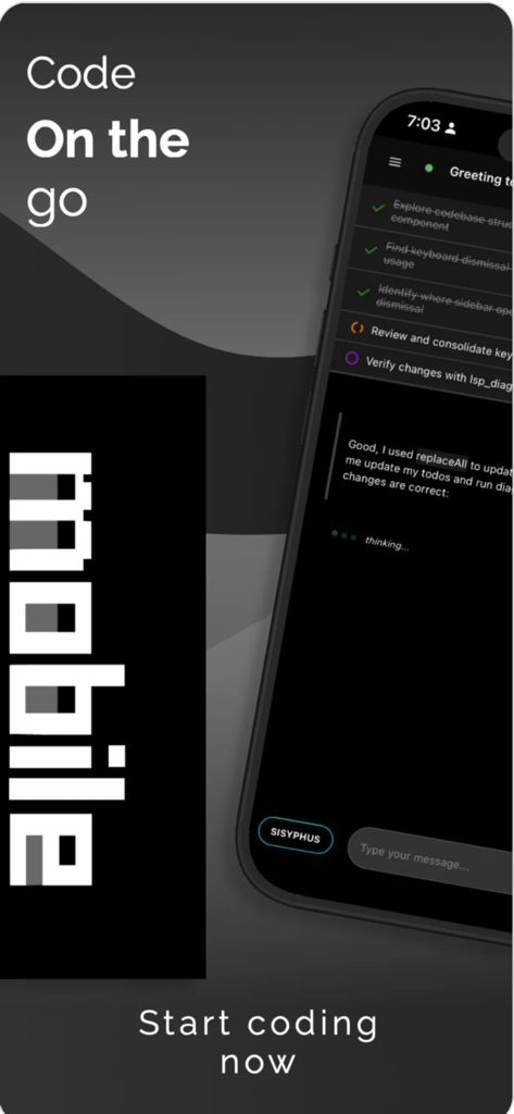 Smartphone screen showing the OpenCode Mobile App interface with a task checklist and a coding chat assistant.