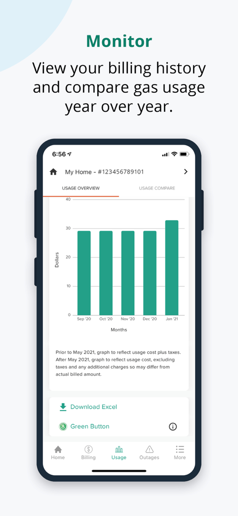 Southwest Gas mobile app interface showing a bar chart of monthly gas usage and billing history.
