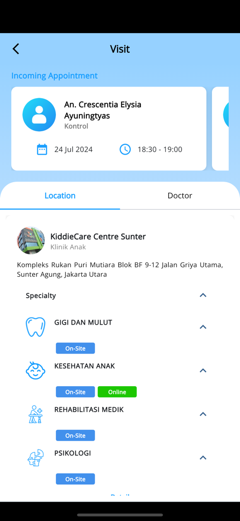 KiTZ mobile app interface showing incoming pediatric appointment details and clinic services.