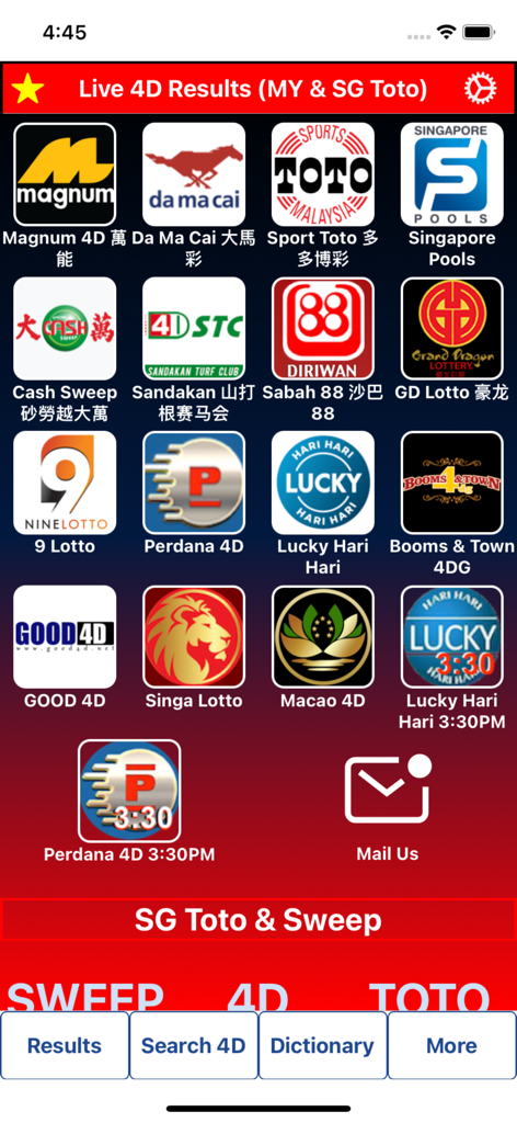 Live 4D Results Toto 4D - Magnum, Sports Toto, 싱가포르 풀스와 같은 다양한 싱가포르 및 말레이시아 복권을 위한 아이콘을 특징으로 하는 라이브 4D 결과 토토 앱의 대시보드