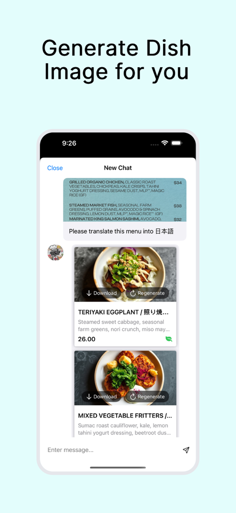 App interface showing AI generated realistic images of menu items from a chat translation