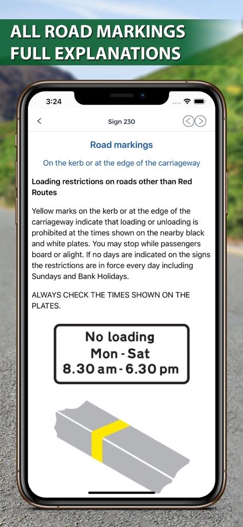 The Highway Code 2026 - A screenshot of The Highway Code 2026 app explaining UK road markings and loading restrictions with a visual example of a yellow kerb mark.