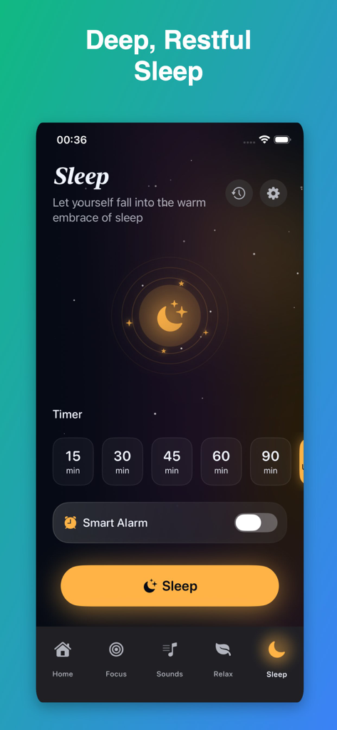 Dainty: Meditation & Sleep - Interfaz del modo de sueño de la aplicación Dainty que presenta un temporizador de sueño y una alarma inteligente con un tema estético oscuro