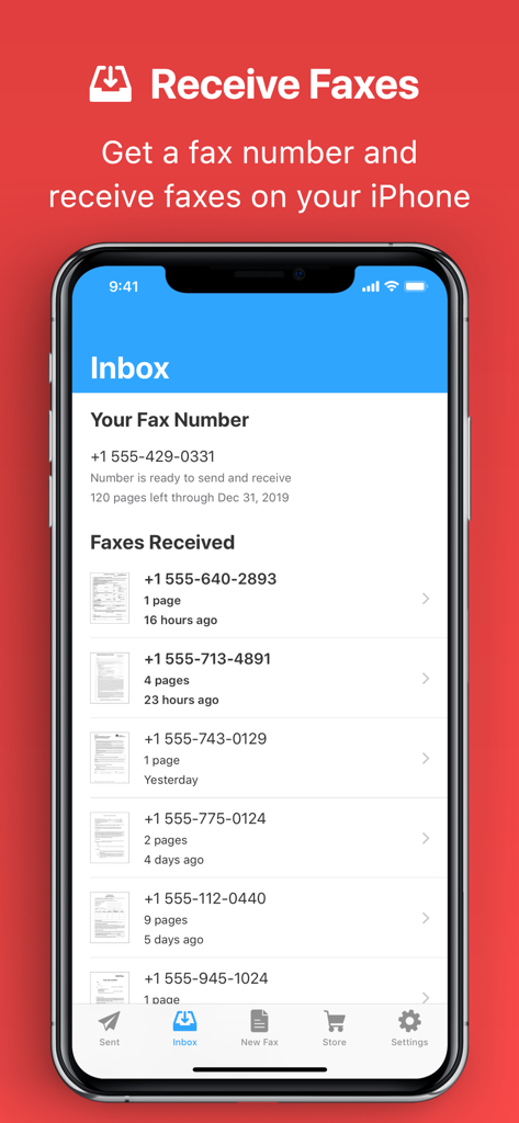 JotNot Fax - Send Receive Fax - JotNot Fax app inbox on iPhone showing a list of received faxes and a dedicated professional fax number