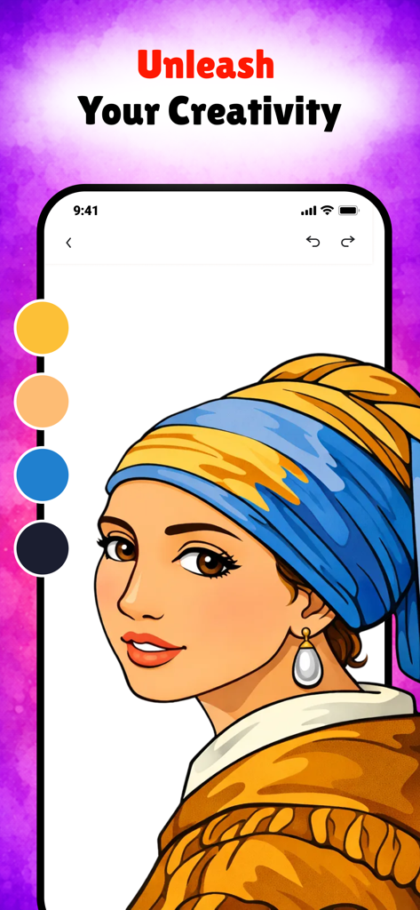 FillColor: Bliss Coloring Book - Digital coloring page of a woman with a pearl earring in the FillColor app