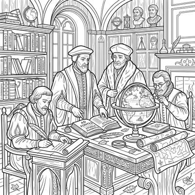 Delve into the intellectual heart of the Renaissance with this captivating coloring page featuring esteemed humanists and scholars. Immerse yourself in a scene of profound learning and discovery, perfect for history buffs and art lovers alike.