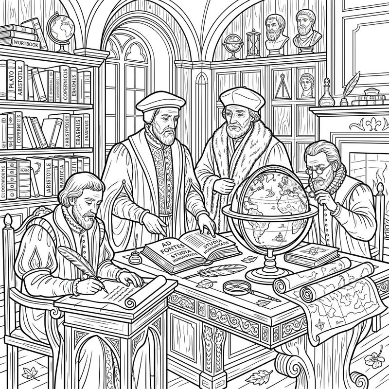 Delve into the intellectual heart of the Renaissance with this captivating coloring page featuring esteemed humanists and scholars. Immerse yourself in a scene of profound learning and discovery, perfect for history buffs and art lovers alike.