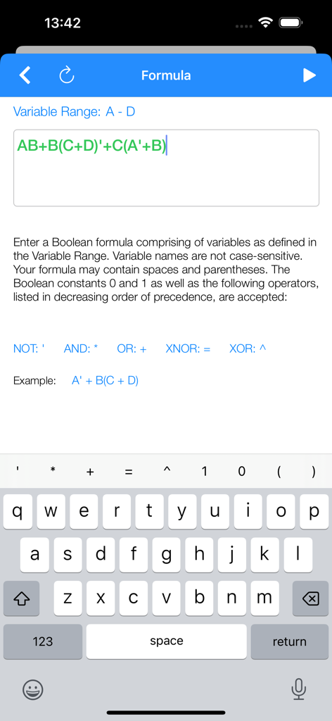 Pantalla de entrada de fórmulas booleanas con teclado personalizado para operadores lógicos