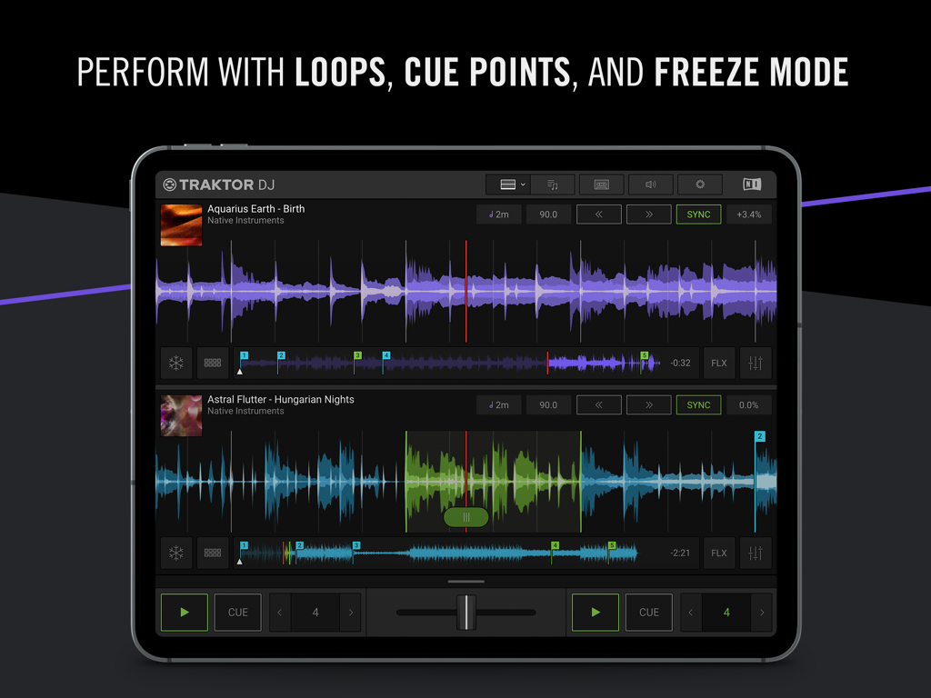 Traktor DJ 2 app on iPad showing dual deck performance interface with waveforms and loops