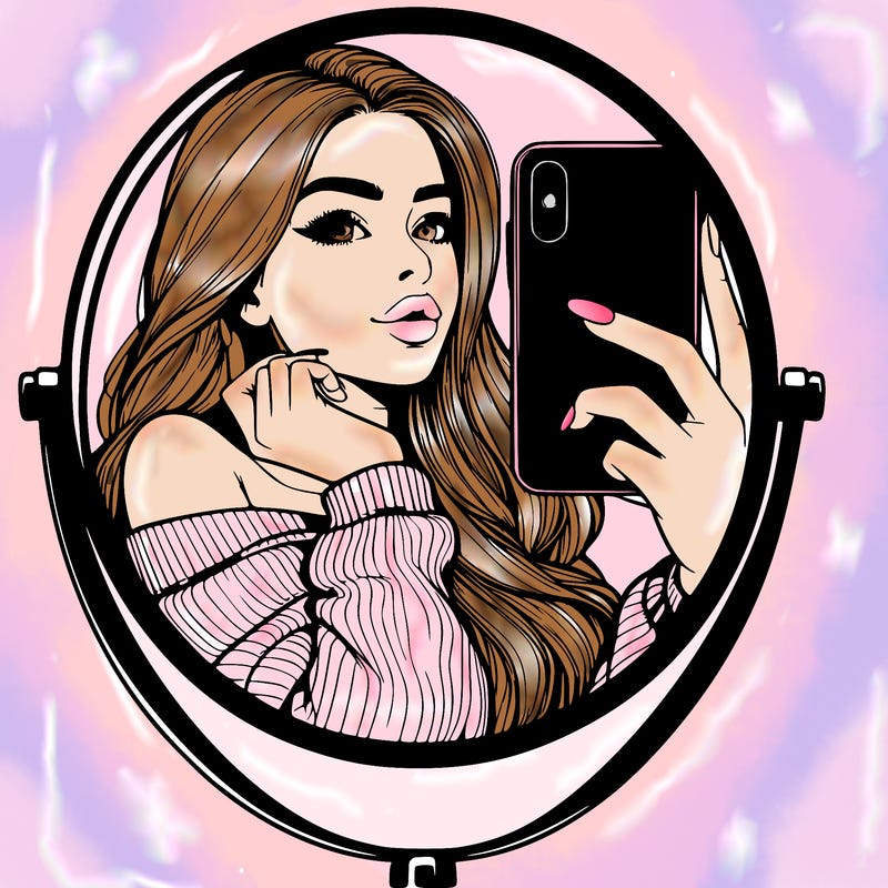 realistic girl taking mirror selfie beautiful