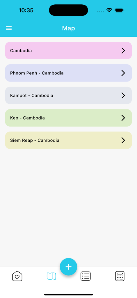 List of travel destinations in Cambodia within the Map section of the Trip Planner app