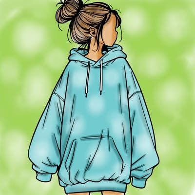 realistic girl with a oversized sweatshirt on and a bun