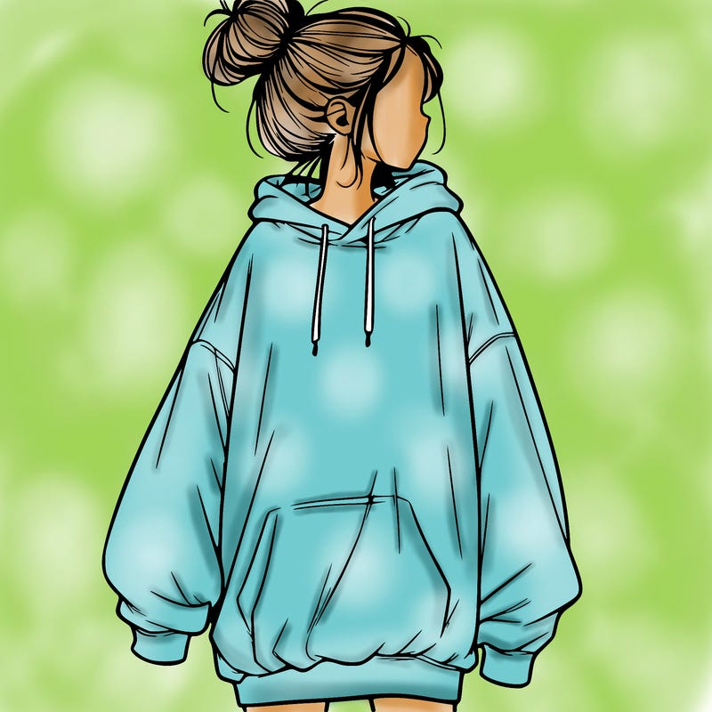 realistic girl with a oversized sweatshirt on and a bun