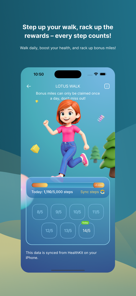 Lotusmiles - Vietnam Airlines - Lotus Walk feature within the Vietnam Airlines app showing a character walking with a progress bar for steps and earned bonus miles