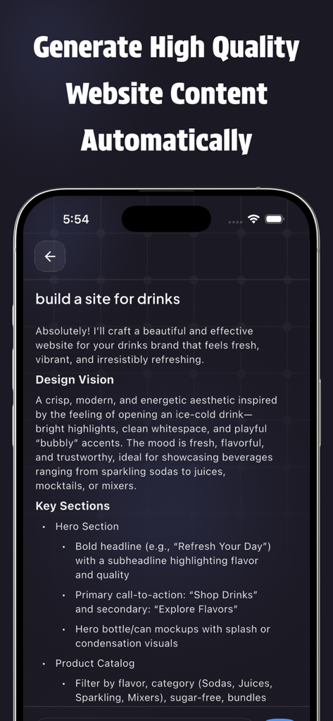 Interface of the LovableAI app showing automated website content generation and structure based on a text prompt for a drinks brand