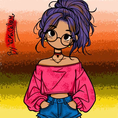 girl with a messy ponytail glasses a baggy crop top and jean shorts