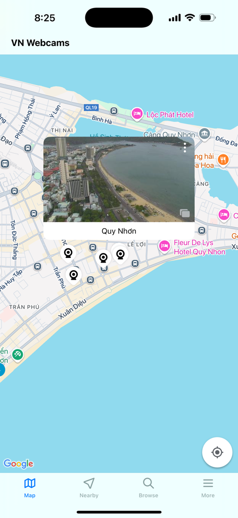 VN Webcams - Live camera view of Quy Nhon beach on a map within the VN Webcams app