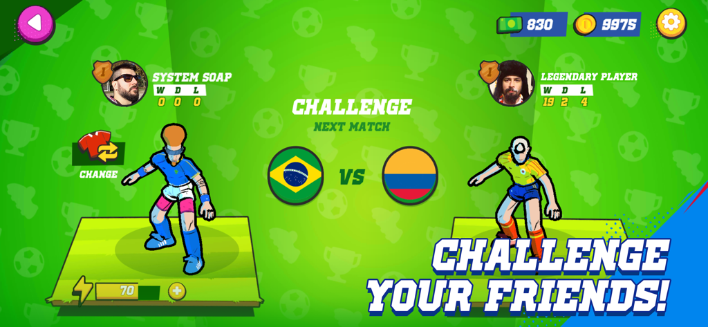 Golazo! - A match screen in Golazo showing a Brazil versus Colombia challenge with stylized arcade characters