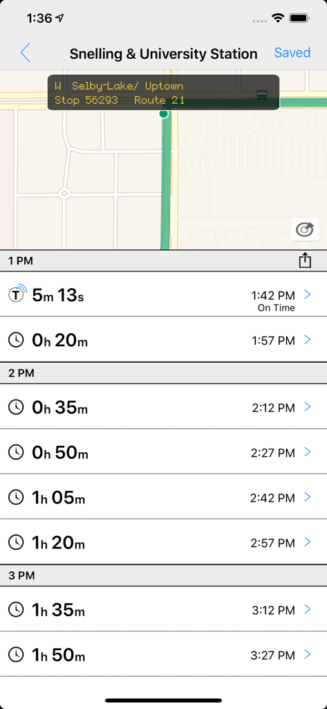 Transit Tracker app displaying real time bus departures and station map