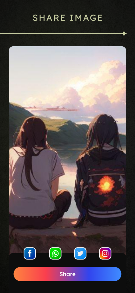 AI Photo Editor: Remove Object - Une capture d'écran de l'écran de partage de l'application Éditeur Photo IA montrant les options de partage sur les réseaux sociaux sous une illustration éditée de deux personnes au bord d'un lac.