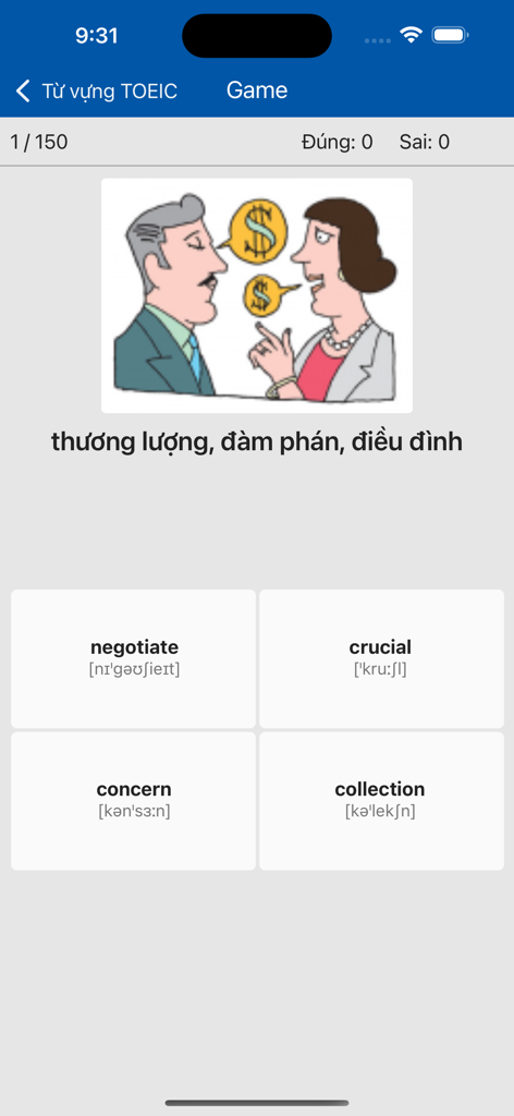Vietnamese to English TOEIC vocabulary learning game in the TFlat app
