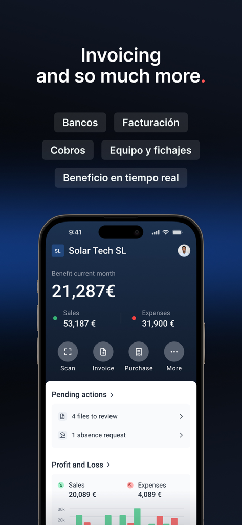 Panel de la aplicación móvil de Holded que muestra ventas de ganancias y gastos en tiempo real para una pequeña empresa.