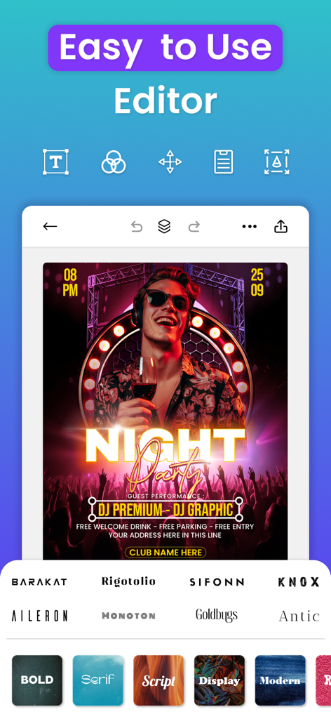 さまざまなフォントスタイルのオプションを備えた、パーティーポスターの編集用のモバイルアプリインターフェイス