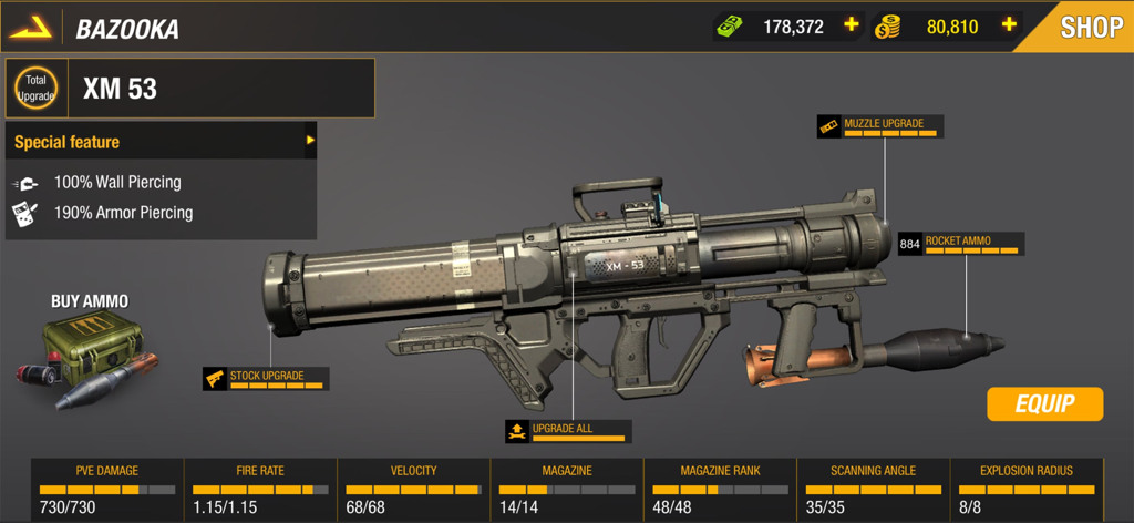 World War: Fight For Freedom - Weapon upgrade screen for the XM 53 bazooka featuring detailed combat stats and customization options