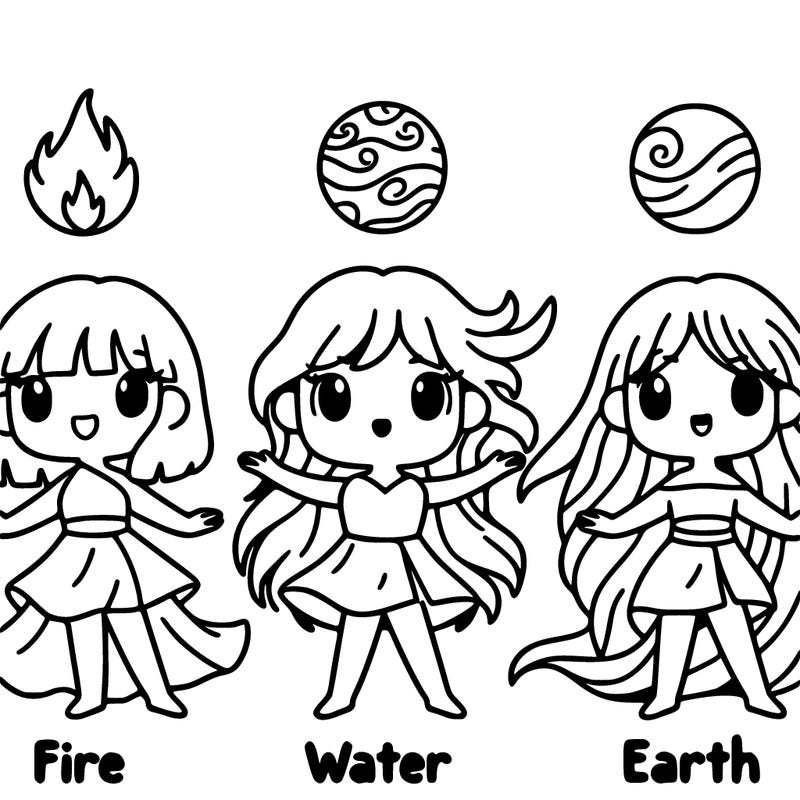 make an elemental group of 4 girls one is fire the second is water, the third is wind, and the 4th is earth