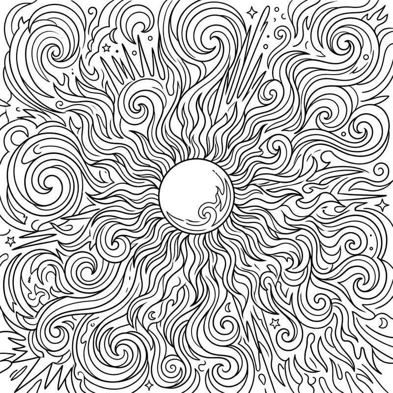 Experience the vibrant energy of the cosmos with this captivating Solar Flare Patterns coloring page. Its intricate design offers a mesmerizing escape, perfect for both relaxation and artistic expression.