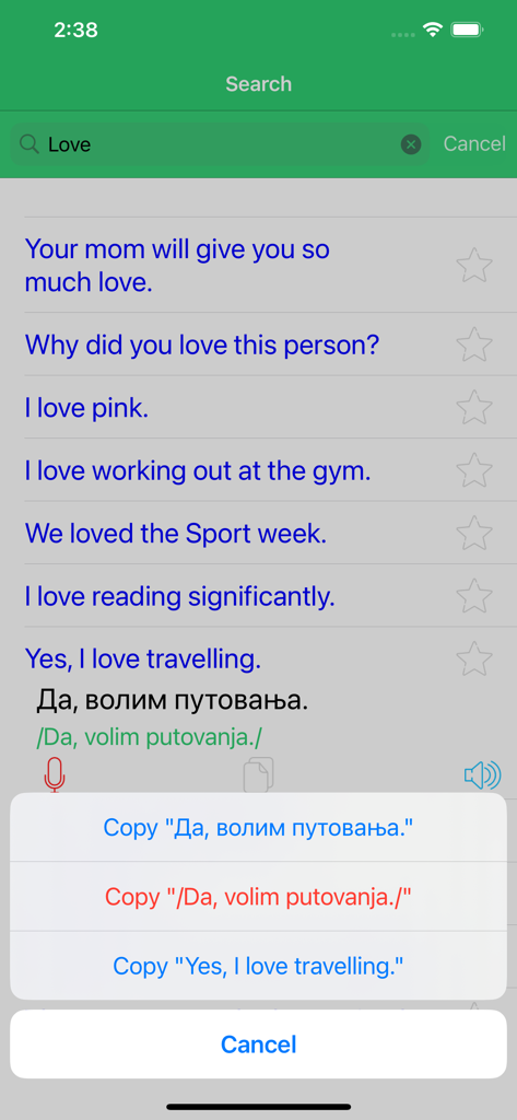 Resultados da pesquisa por 'amor' no aplicativo Learn Serbian Premium mostrando frases com traduções e um menu de cópia