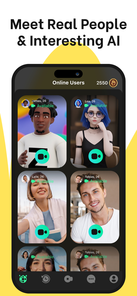 Juds- AI Friend & Chat - Captura de pantalla de la aplicación Juds mostrando perfiles de personas reales y personajes IA para videollamadas.
