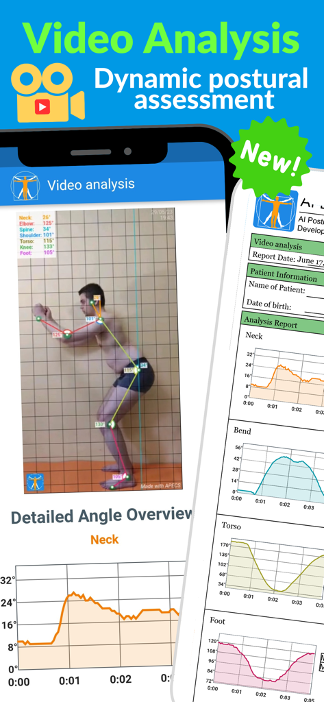 APECS app interface showing dynamic video posture analysis and generated report graphs