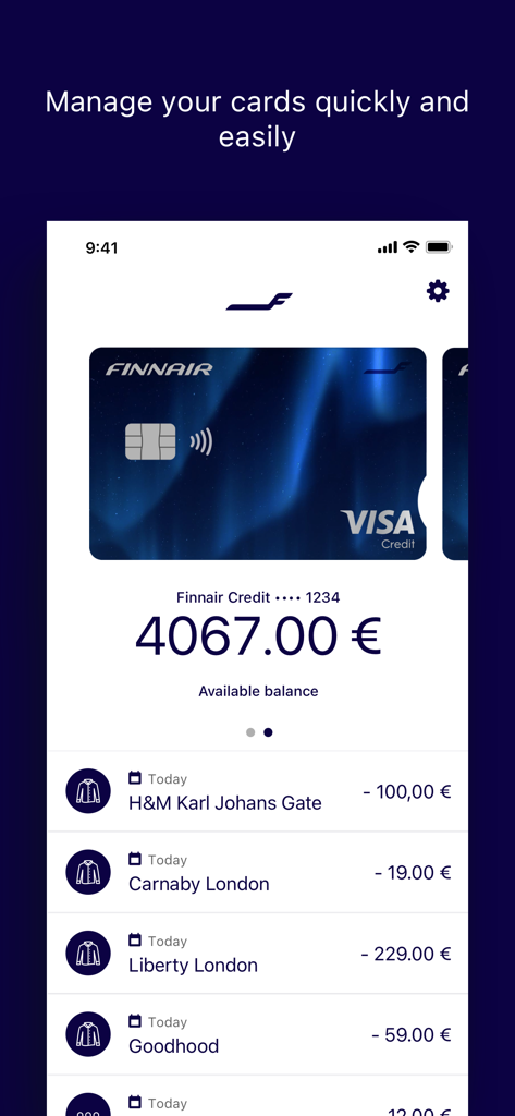 Finnair Visa Mobile App, die den Kreditkartensaldo und aktuelle Transaktionen anzeigt