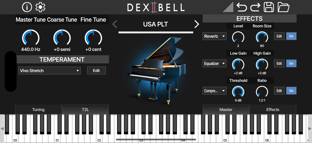 T2L Piano - T2L Piano app interface showing tuning controls effects like reverb and a virtual grand piano