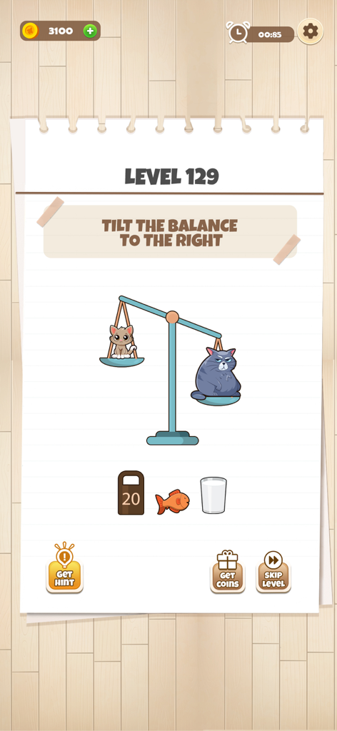 Brain King IQ Test Puzzle Game - A logic puzzle from the Brain King game showing two cats on a balance scale with a weight fish and milk below