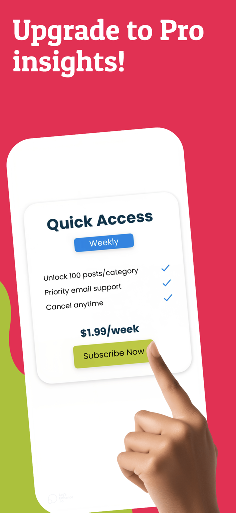 A mobile screen showing the weekly Quick Access subscription plan for 1.99 dollars on the Social Network Analyzer app.