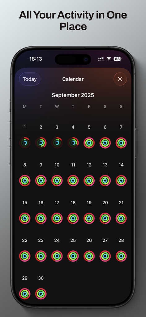 Monthly activity calendar showing daily fitness rings in the app