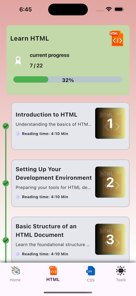 HTML & CSS For Beginners 2024 - Schermata di un'app mobile che mostra il percorso di apprendimento HTML con moduli del corso e barra di avanzamento