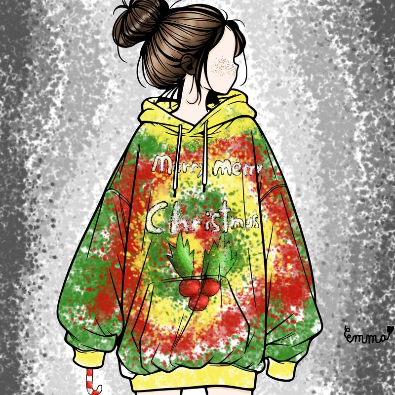 realistic girl with a oversized sweatshirt on and a bun