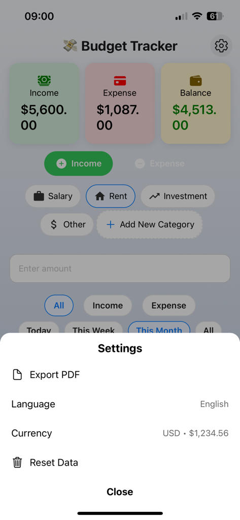 SmartBudget Pro - The settings interface of the SmartBudget Pro app showing options for PDF export, language selection, and currency settings.