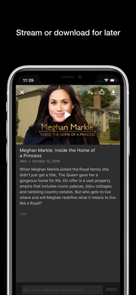 True Royalty TV - A mobile app screen from True Royalty TV showing a documentary detail page for Meghan Markle with options to stream or download.