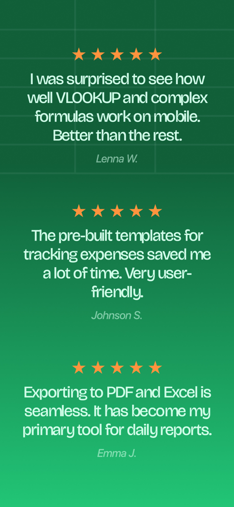 XLSX Editor: Edit Spreadsheets - Customer testimonials and five star ratings for the XLSX Editor spreadsheet app.