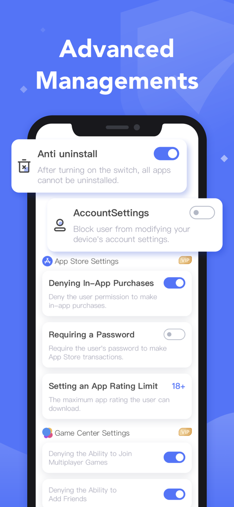 App Lock, Blocker & Controller - Interfaz que muestra funciones de control parental como el bloqueo de compras dentro de la aplicación y configuraciones anti-desinstalación