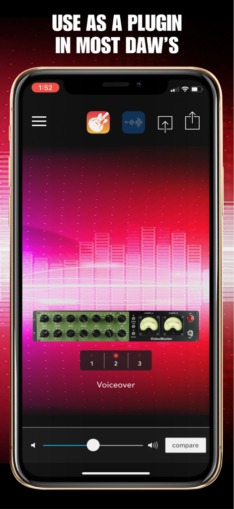 AudioMaster: Audio Editor - AudioMaster app interface showing its usage as a plugin within a mobile digital audio workstation for professional voiceover mastering