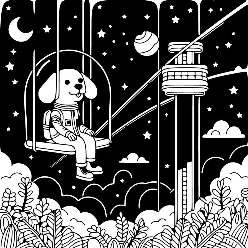 thin and crisp lines dog in space suits riding a space elevator to a space garden for coloring book