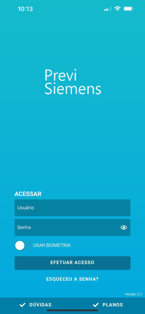 Previ Siemens - 사용자 이름 및 비밀번호 입력 필드와 생체 인식 토글이 있는 Previ Siemens 모바일 앱 로그인 화면.