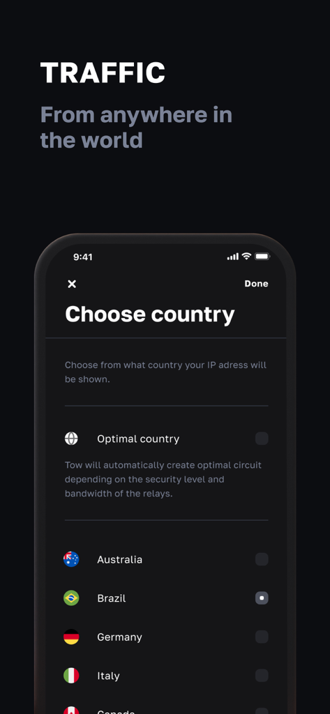 Buddy Onion: Tor Browser & VPN - Captura de pantalla de la aplicación Buddy Onion mostrando la pantalla de selección de país para el tráfico VPN global y las ubicaciones de los servidores.