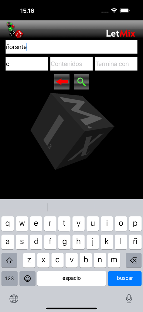 Interface of the LetMix Spanish word solver app showing letter input fields and search button