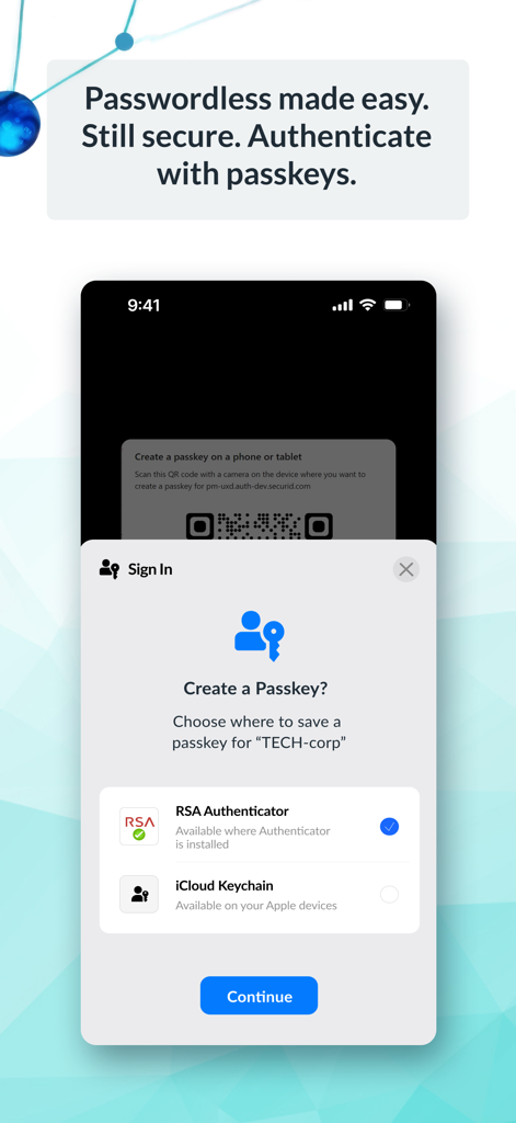 RSA Authenticator (SecurID) - Interfaccia di uno smartphone che mostra una richiesta di creazione di una passkey utilizzando l'app RSA Authenticator per la sicurezza aziendale.